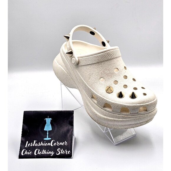 Crocs Women's White Off Bae Glitter Stud Platform Clogs Gold Spikes Sz 9  2360 - Picture 14 of 16